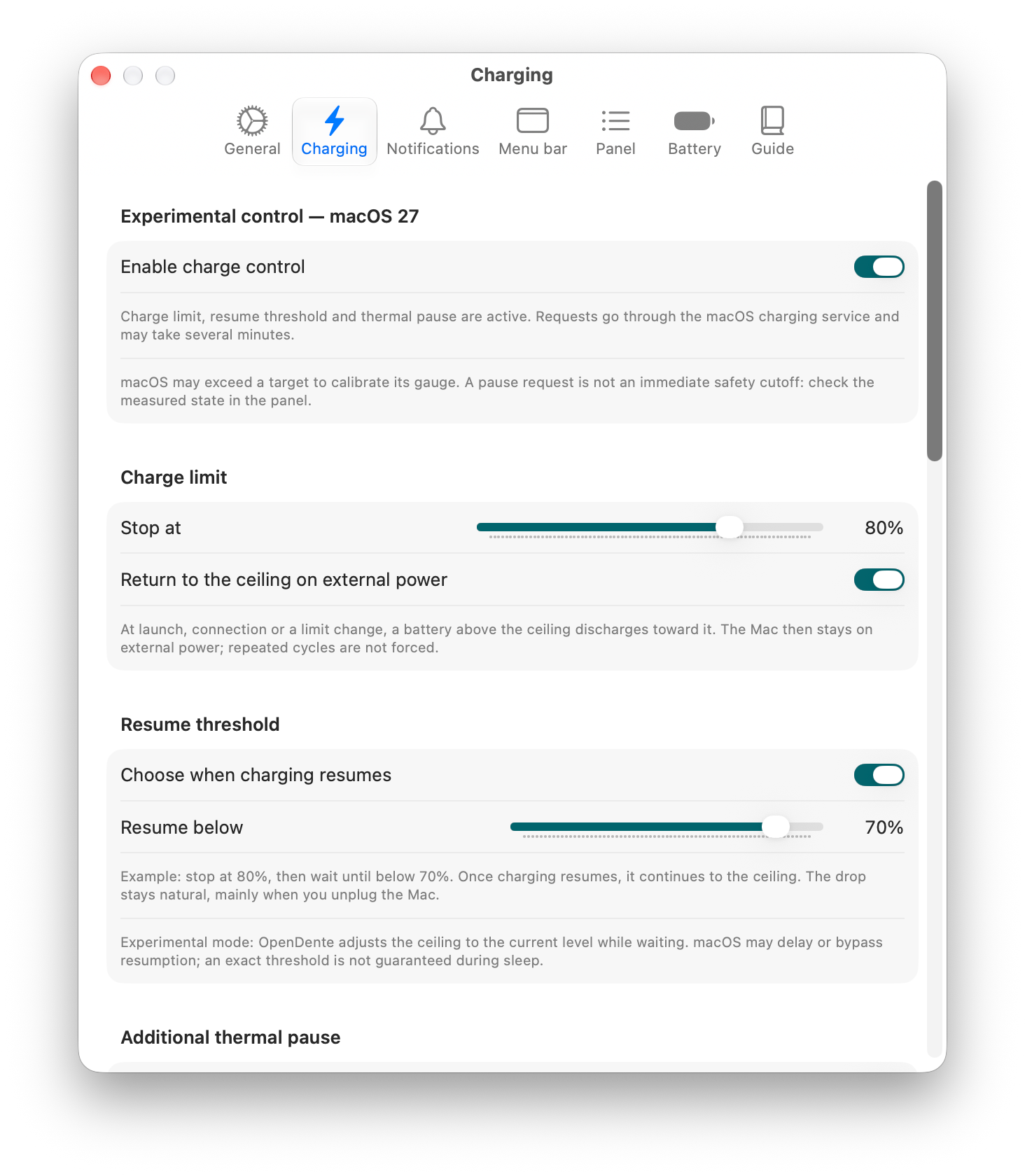 OpenDente charging settings in English: 80% limit, return to the ceiling and resume below 70%