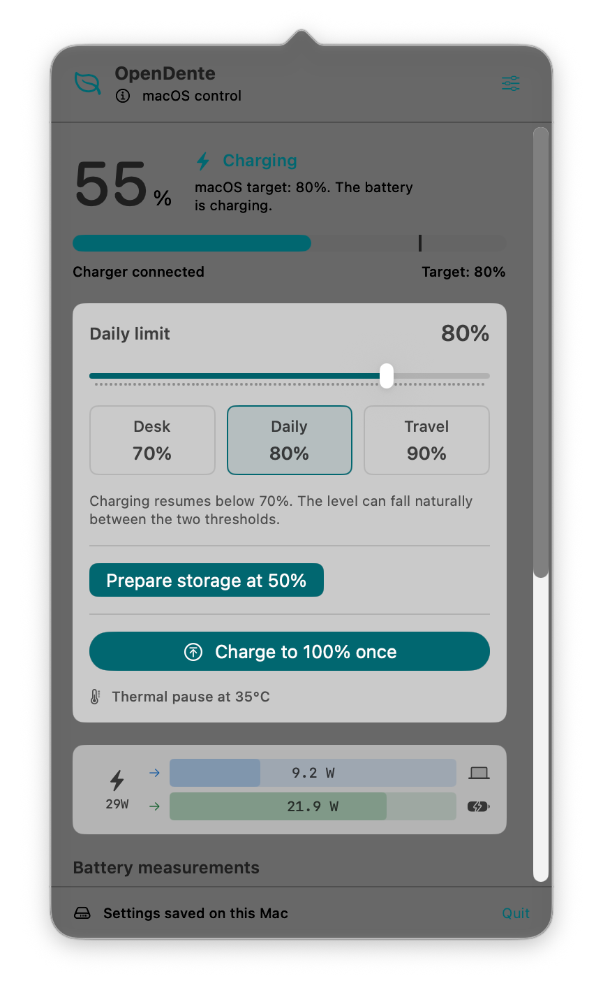 OpenDente in English: charging panel in light appearance