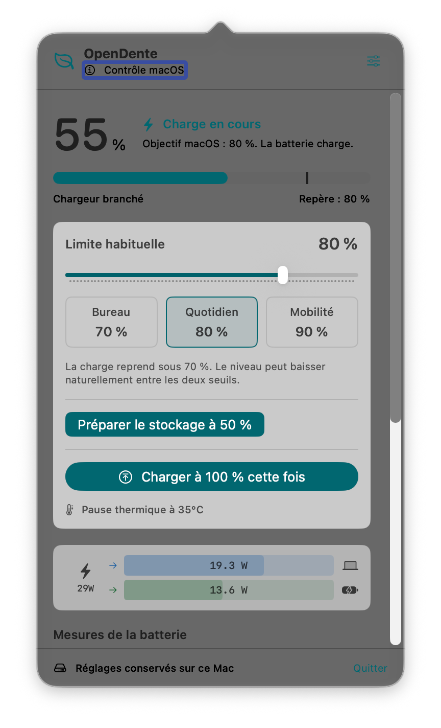 OpenDente en français : panneau de charge en apparence claire